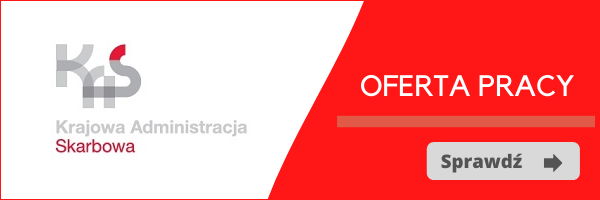 biało-czerwony baner z logo KAS, napis oferta pracy i przycisk sprawdź