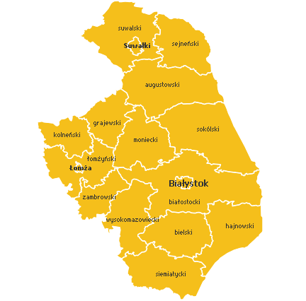 Mapka województwa podlaskiego z zaznaczonymi granicami powiatów