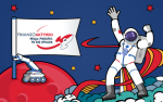 Rysunek komiksowy przedstawiający kosmonautę z flagą na planecie. Na fladze napis finansoaktywni, misja podatki: to się opłaca. 
