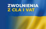 flaga Ukrainy, niebieski góra, żółty na dole, na fladze napis zwolnienia z cła i vat